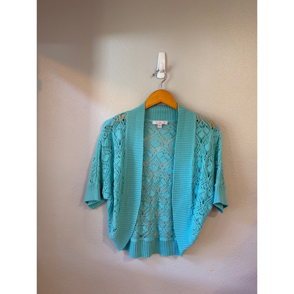 Caslon Cardigan Women M/L Turquoise Wool Blend Pointelle Knit Shrug Short Sleeve